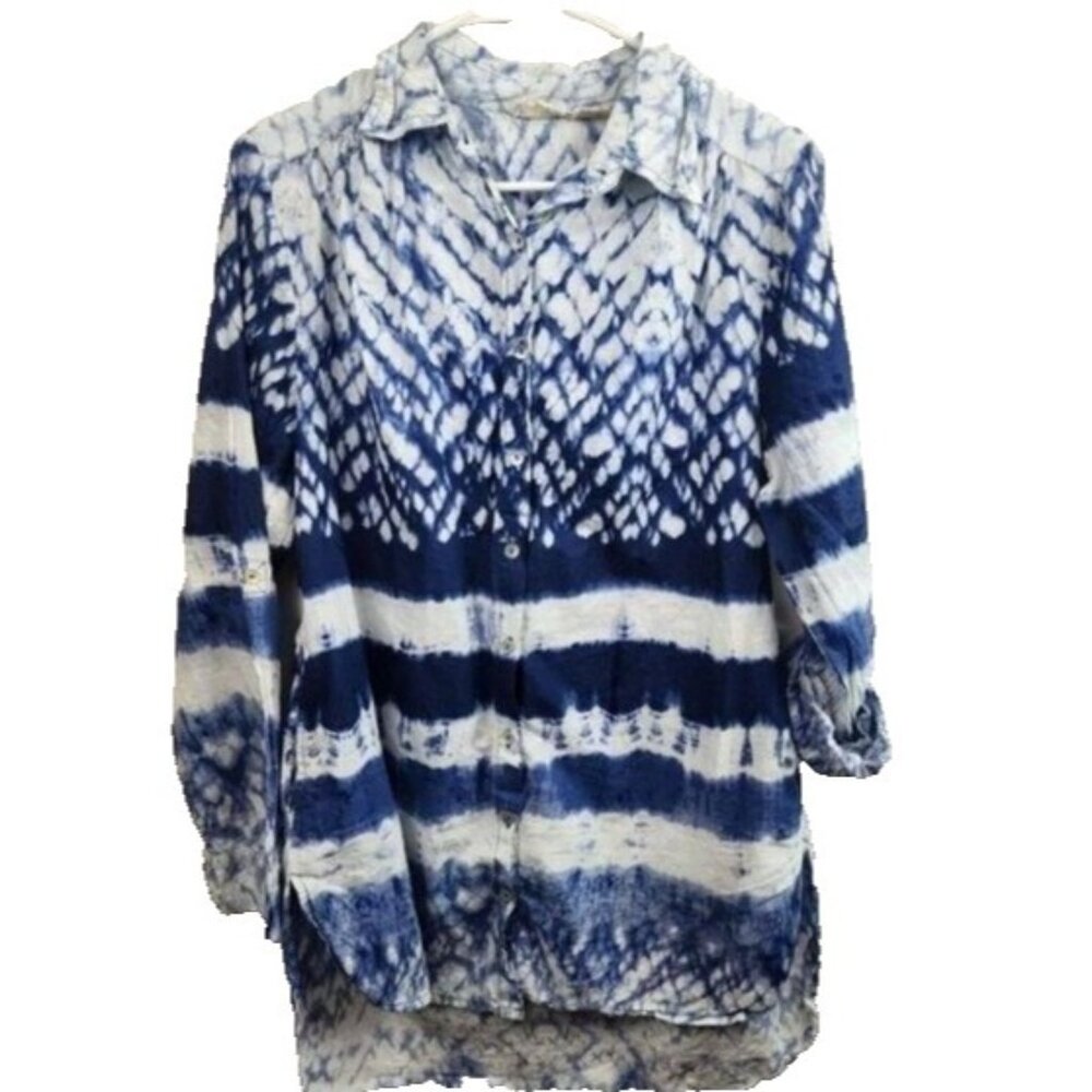 Beaches & BOHO Womens Tunic Top Medium Blue White Tie Dye‎ Coastal Resort Hippie